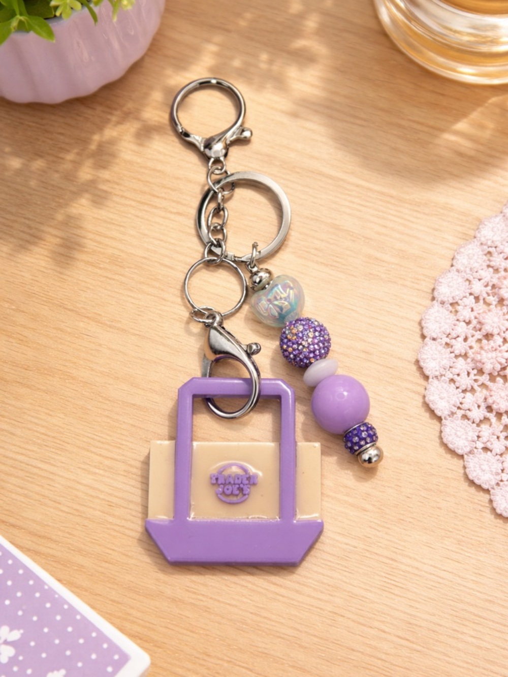Purple Beaded Tote Keychain Charm